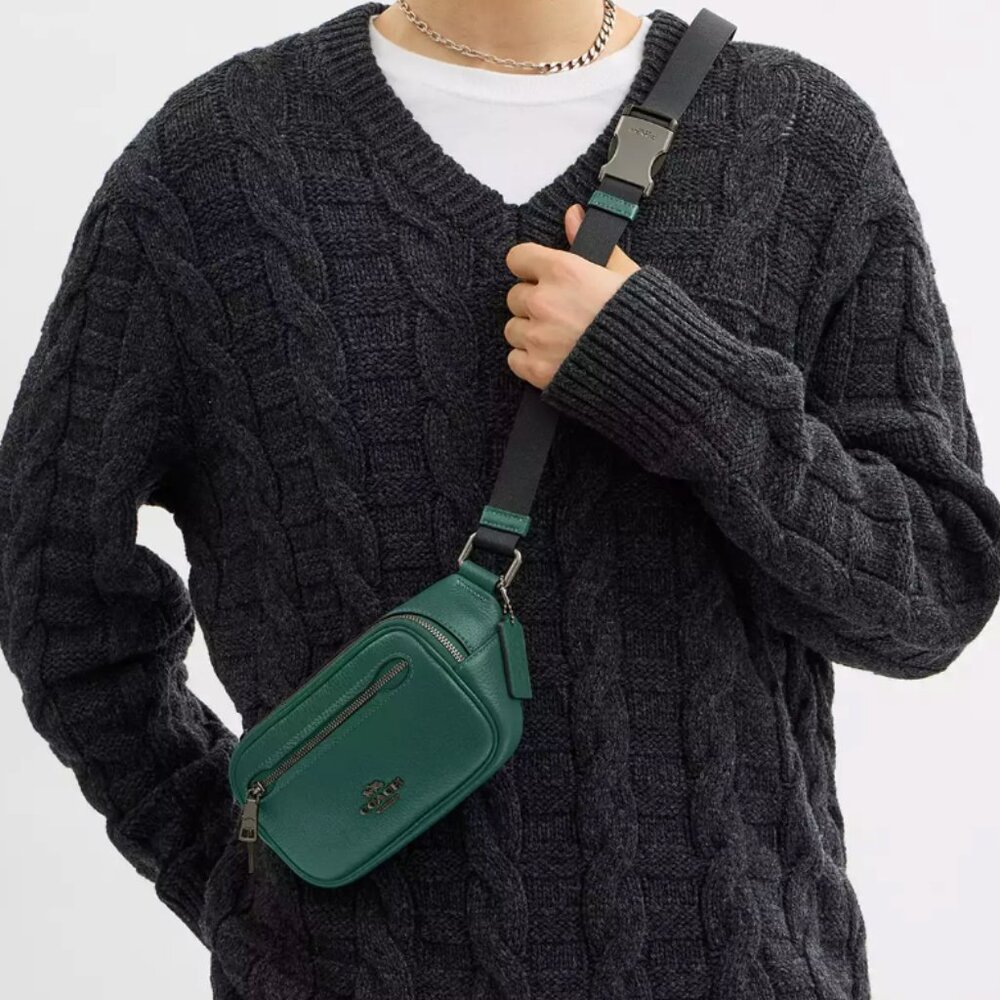 NWT COACH Elias Mini Belt Bag - Refined Pebble Leather - CR190 Gunmetal/Emerald
